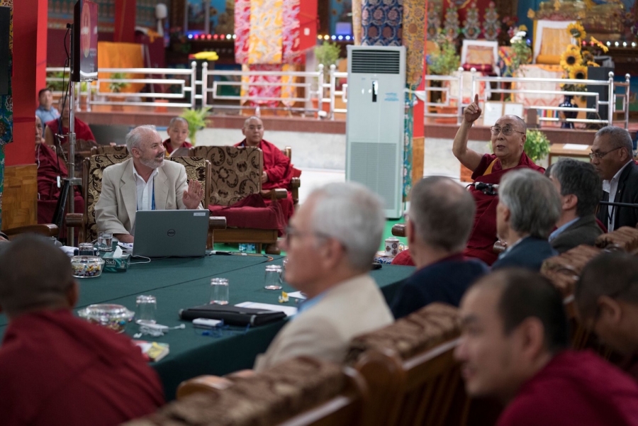 Scott Gilbert at a computer address the Dalai Lama